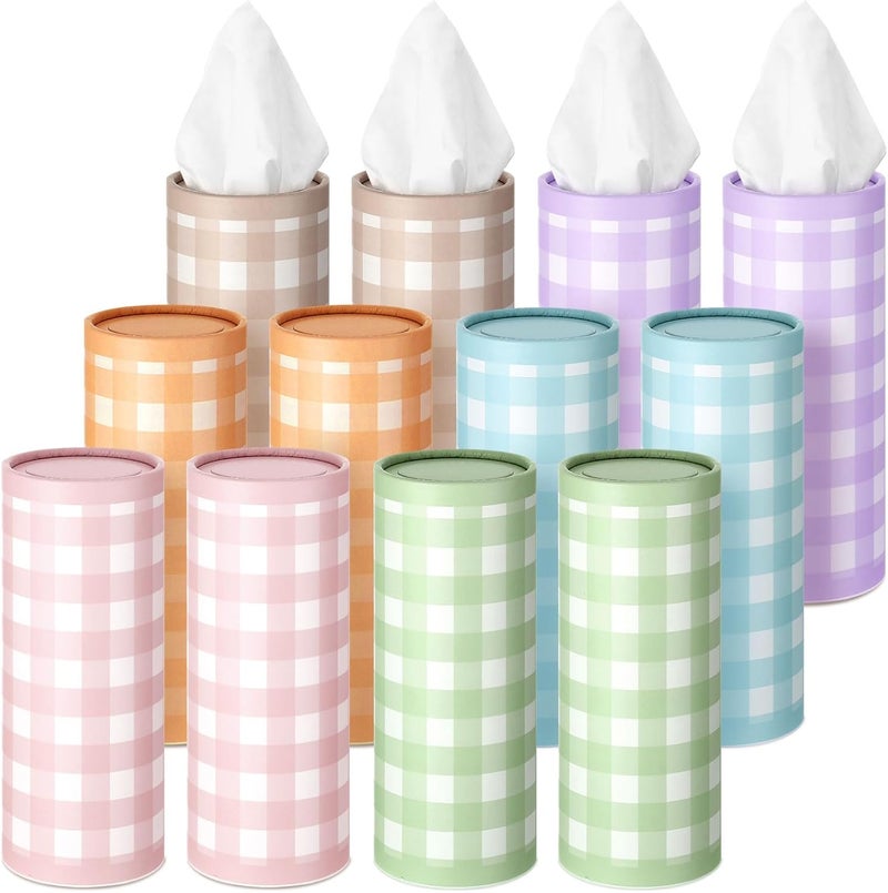 Fourluoo 12 Pack Spring Tissue Boxes for Car Cylinder Bulk Colorful Plaid Round Cylinder Holder with 3 Ply Facial Tissues for Spring Easter Travel Bathroom Office Decoration Supplies - Image 1
